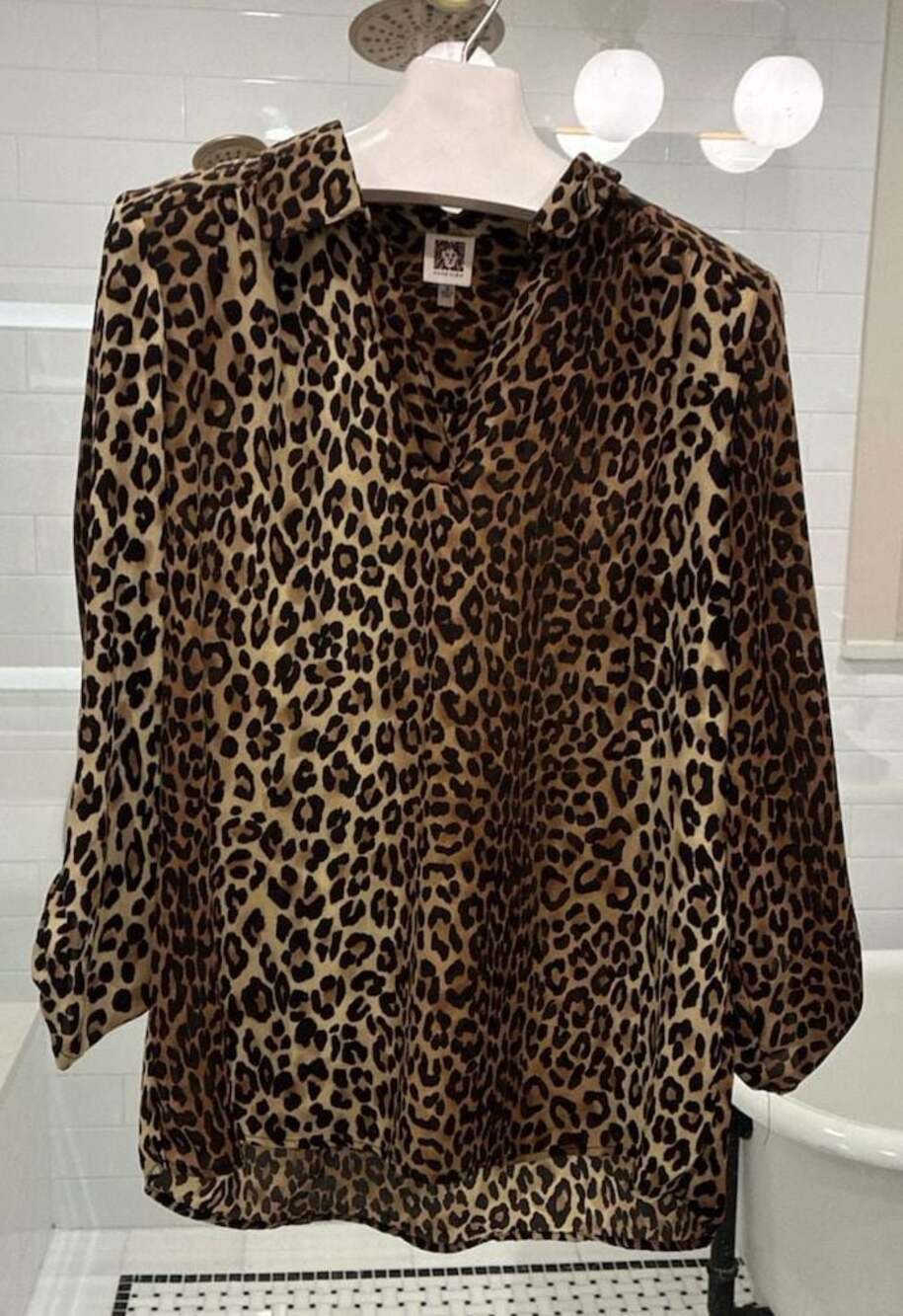 Anne Klein Leopard Print Long Sleeve Blouse with Tab Sleeves
